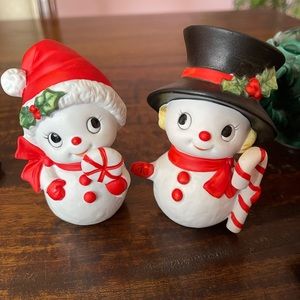 Vintage HOMCO Christmas Snowman Figurines 5604 Mr & Mrs Couple Candy canes Boy